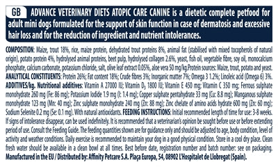 Advance Veterinary Diets – Croquettes pour chien – Peau Sensible Atopic - Mini – 1,5 kg - Caractéristiques