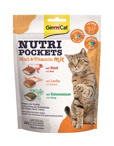 Gimcat – Friandises pour chat – Nutri Pockets Malt Vitamine-Mix au bœuf, saumon et herbe à chat – 150 g - Caractéristiques