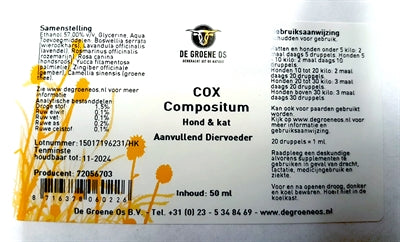 De Groene Os – Complément alimentaire pour chien et chat – Cox Compositum (Protection et Vitalité)  – 50 ml - Caractéristiques