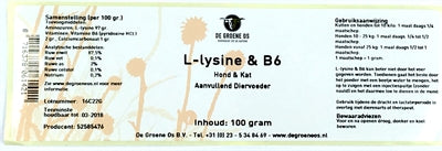 De Groene Os – Complément alimentaire pour chien et chat – L-Lysine & B6 (Système Immunitaire) – 100 g - Caractéristiques