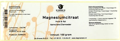 De Groene Os – Complément alimentaire pour chien et chat – Citrate de Magnésium – 100 g - Caractéristiques