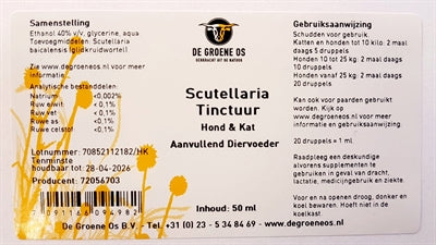 De Groene Os – Complément alimentaire pour chien et chat – Teinture de Scutellaria (Allergies saisonnières) – 50 ml - Caractéristiques
