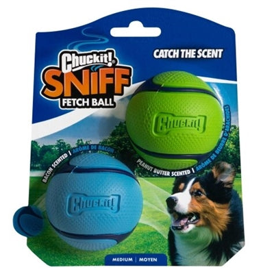 Chuckit – Jouet pour chien – 2 Balles Sniff Fetch senteur beurre de cacahuète et bacon – 6 cm - Caractéristiques