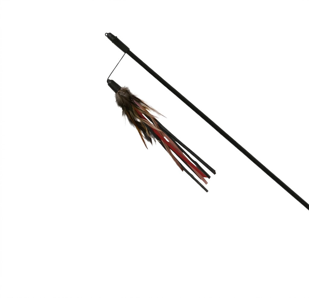 Kattenhengel – Jouet pour chat – Canne à pêche cuir et plumes – 50 cm - Coloris aléatoire