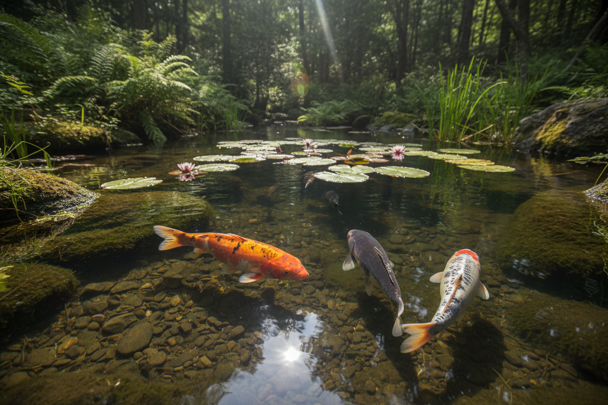 Photo réaliste, carpes koi dans un étang sauvage