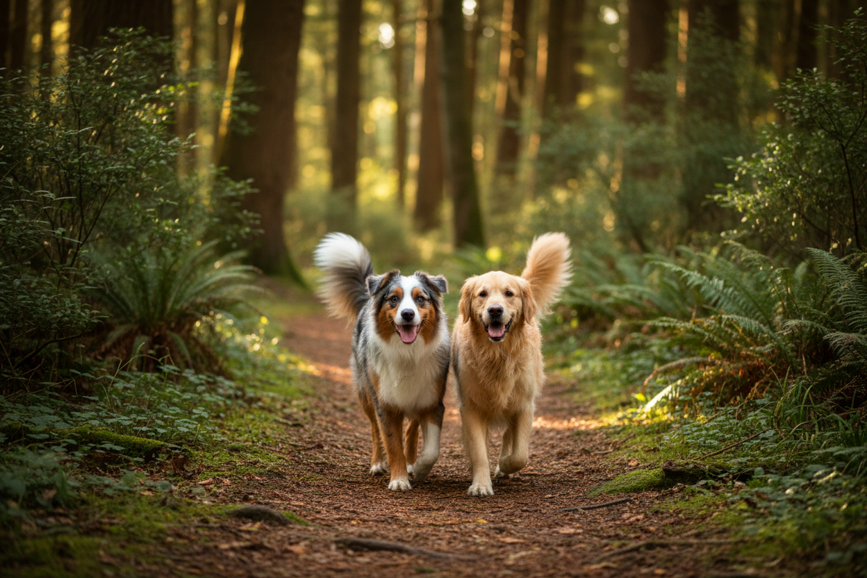 Photo réaliste, un berger australien et un golden, heureux  qui se promènes en forêt