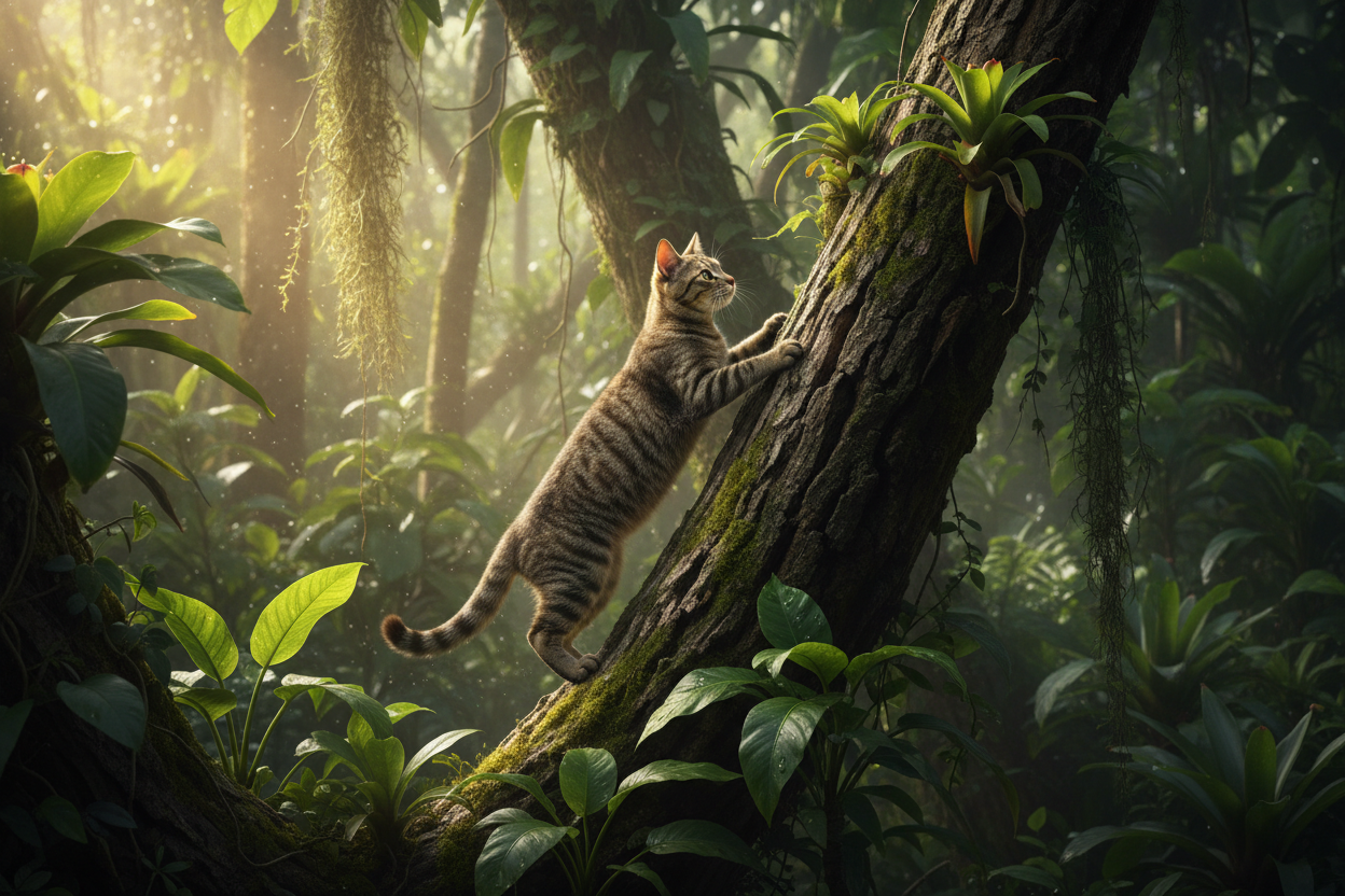 Photo réaliste, un chat qui grimpe à un arbre dans la jungle