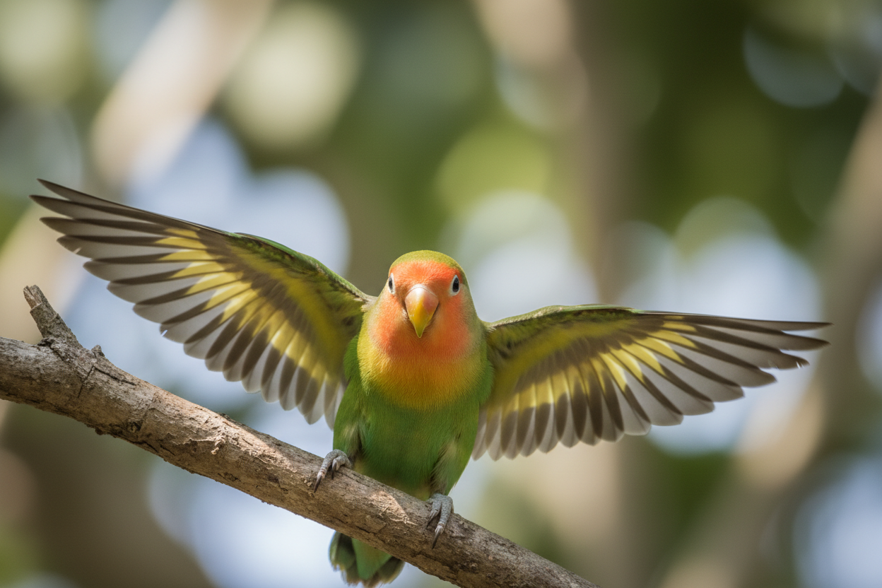 photo réaliste, un  oiseau de type inséparable, prêt à s'envoler